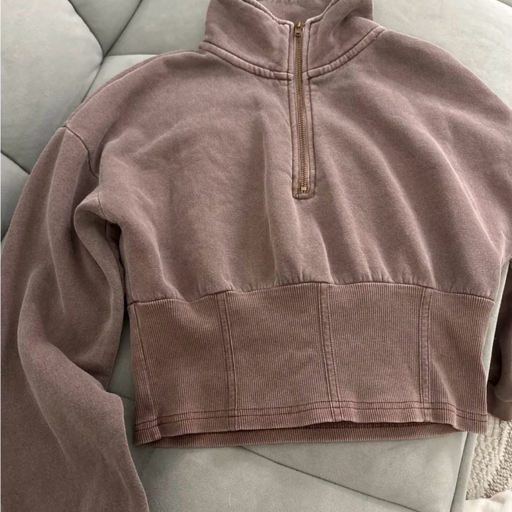 Brown Quarter-Zip Cropped Sweatshirt